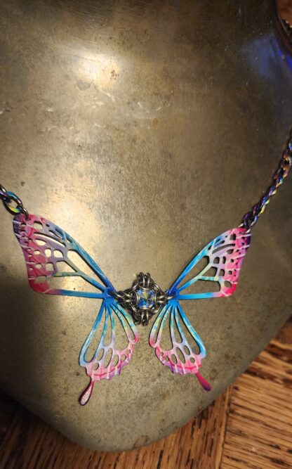 Pink Butterfly on Rainbow Necklace